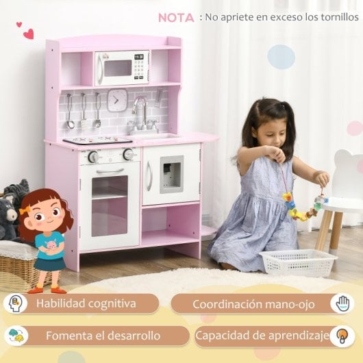 Homcom Cocina De Juguete Madera Para Niños +3 Años Con Luz Sonidos 70x29x90 Cm