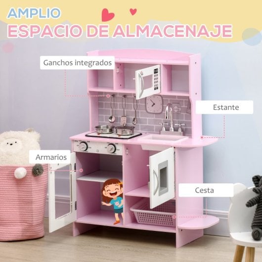 Homcom Cocina De Juguete Madera Para Niños +3 Años Con Luz Sonidos 70x29x90 Cm