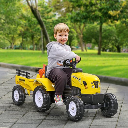 Homcom Tractor A Pedales Para Niños De 3 Años Con Remolque 133x42x51 Cm Amarillo