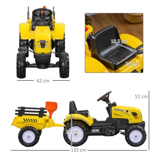 Homcom Tractor A Pedales Para Niños De 3 Años Con Remolque 133x42x51 Cm Amarillo