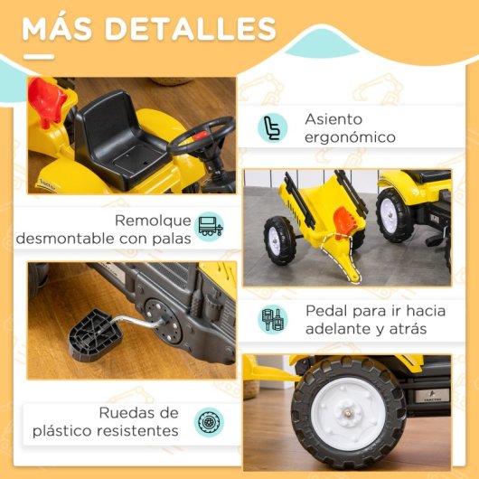 Homcom Tractor A Pedales Para Niños De 3 Años Con Remolque 133x42x51 Cm Amarillo