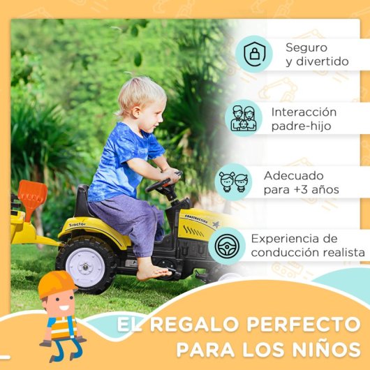 Homcom Tractor A Pedales Para Niños De 3 Años Con Remolque 133x42x51 Cm Amarillo