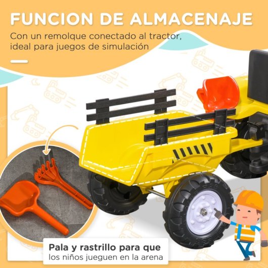 Homcom Tractor A Pedales Para Niños De 3 Años Con Remolque 133x42x51 Cm Amarillo