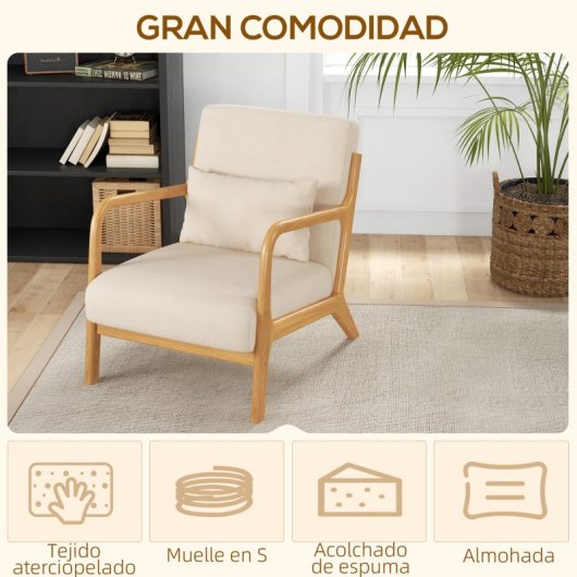 Homcom Cadeira Nórdica de Sala com Apoios de Braços e Almofada 61x78x76cm Bege