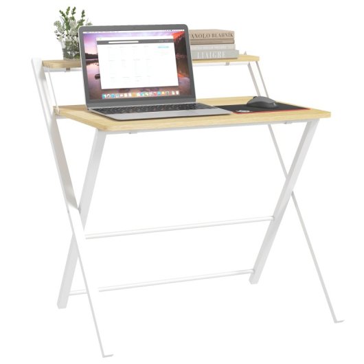 Homcom Mesa De Escritorio Plegable Con Estante 81,5x70x84 Cm Natural Y Blanco
