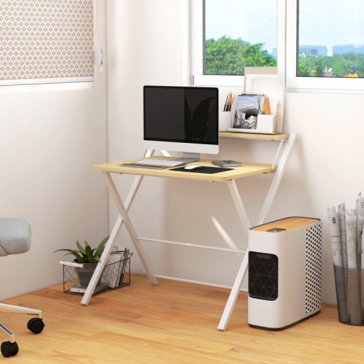 Homcom Mesa De Escritorio Plegable Con Estante 81,5x70x84 Cm Natural Y Blanco