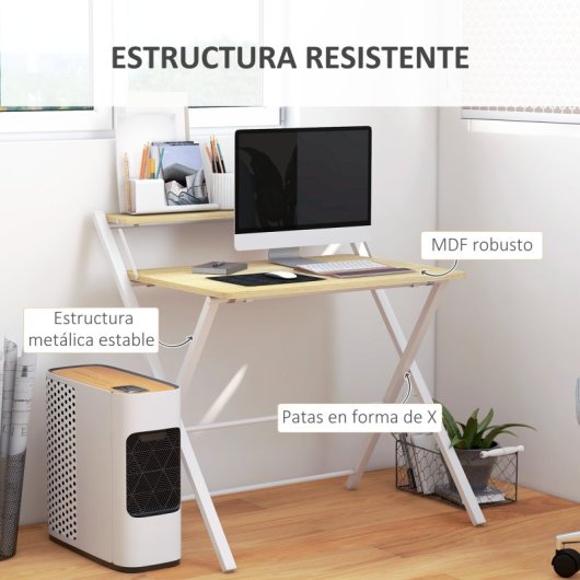 Homcom Mesa De Escritorio Plegable Con Estante 81,5x70x84 Cm Natural Y Blanco