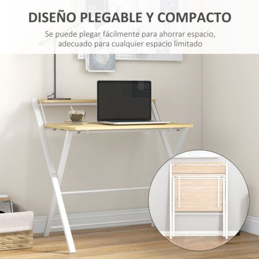 Homcom Mesa De Escritorio Plegable Con Estante 81,5x70x84 Cm Natural Y Blanco
