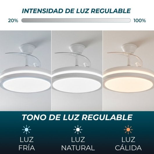 Yoevu Espartan Ventilador de Techo con Luz LED y Aspas Retractiles 107cm Blanco