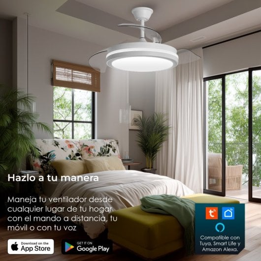 Yoevu Espartan Ventilador de Techo con Luz LED y Aspas Retractiles 107cm Blanco