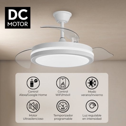 Yoevu Espartan Ventilador de Techo con Luz LED y Aspas Retractiles 107cm Blanco