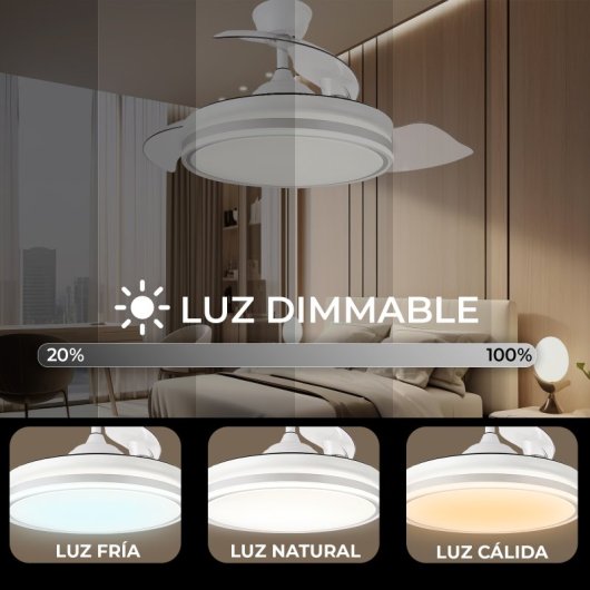 Yoevu Eos Plus Ventilador de Techo con Luz LED 7200lm y Aspas Retráctiles 180cm 72W Blanco
