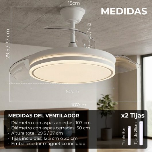 Yoevu Eos Plus Ventilador de Techo con Luz LED 7200lm y Aspas Retráctiles 180cm 72W Blanco