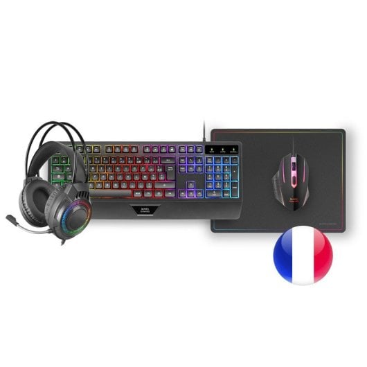 Mars Gaming MCP124PRO Combo RGB 4en1 Teclado H-Mech Ratón Auriculares Alfombrilla Francés Negro