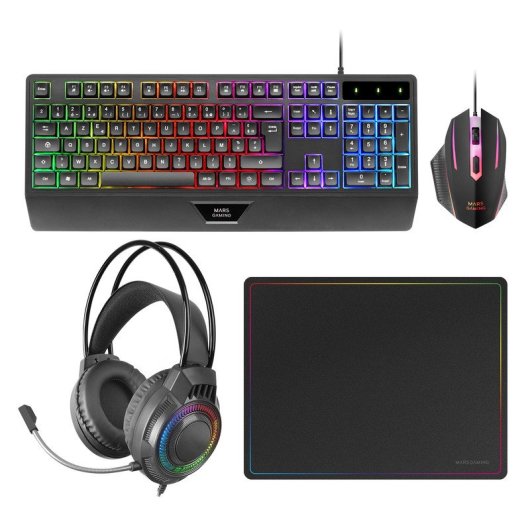 Mars Gaming MCP124PRO Combo RGB 4en1 Teclado H-Mech Ratón Auriculares Alfombrilla Francés Negro
