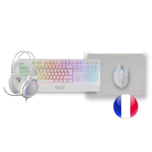 Mars Gaming MCP124PRO Combo RGB 4en1 Teclado H-Mech Ratón Auriculares Alfombrilla Francés Blanco