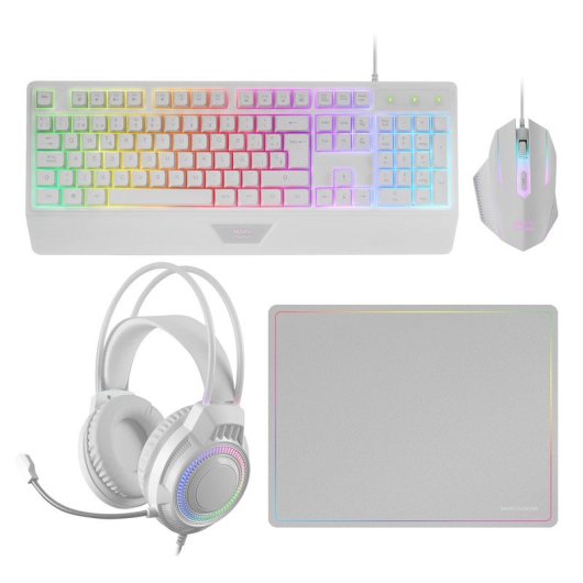 Mars Gaming MCP124PRO Combo RGB 4en1 Teclado H-Mech Ratón Auriculares Alfombrilla Francés Blanco