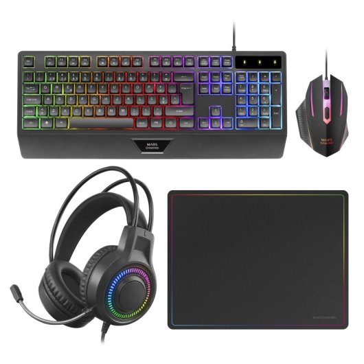 Mars Gaming MCP124PRO Combo RGB 4en1 Teclado H-Mech Ratón Auriculares Alfombrilla Portugués Negro