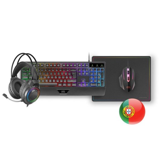 Mars Gaming MCP124PRO Combo RGB 4en1 Teclado H-Mech Ratón Auriculares Alfombrilla Portugués Negro