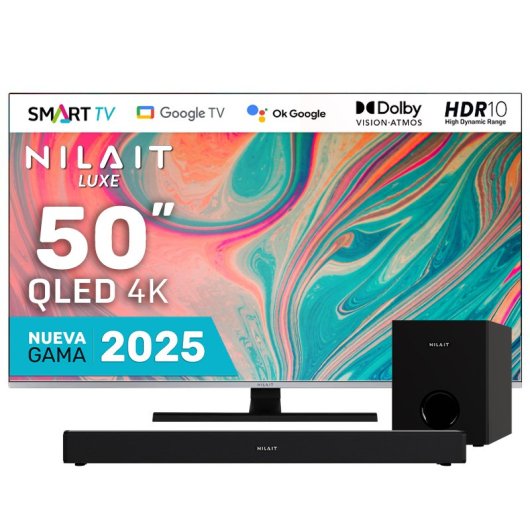 Nilait Luxe 50UC8003S 50" QLED UHD 4K Smart TV + Barra de Sonido con Subwoofer 120W Dolby, 2.1