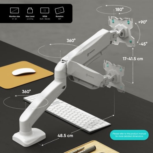 Onkron Soporte Monitor Escritorio Pantalla de 13/32" Hasta 8 Kg Vesa 75x75/100x100 Blanco