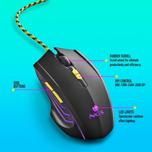NGS GMX-123 Ratón Gaming con Cable y Luz LED Arcoiris Ultraligero 3200 DPI Negro