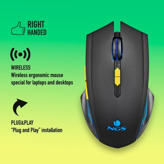 NGS GMX-200 Ratón Inalámbrico Gaming con Luces LED Arcoiris Ultraligero 3200 DPI Negro