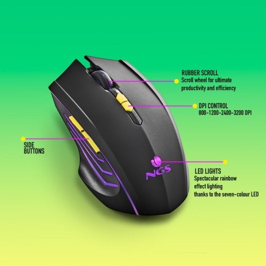NGS GMX-200 Ratón Inalámbrico Gaming con Luces LED Arcoiris Ultraligero 3200 DPI Negro