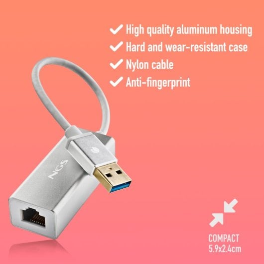 NGS Hacker 3.0 Conversor Adaptador de USB 3.0 a LAN RJ-45 1Gbps 15cm Gris