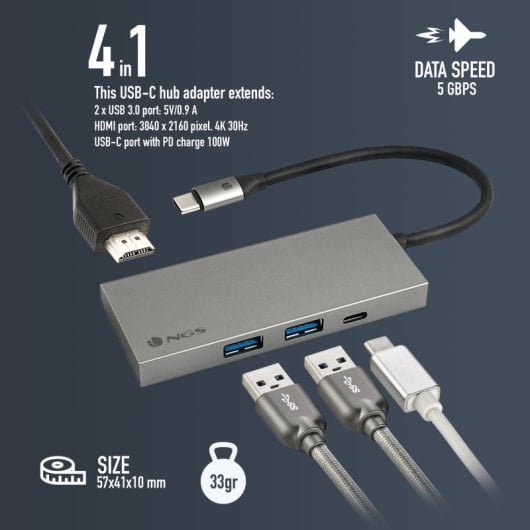 NGS Wonder Dock4 Pro Adaptador Multiportas USB-C para 2x USB 3.0 + 1x USB-C PD 100W + 1x HDMI 4K 30Hz