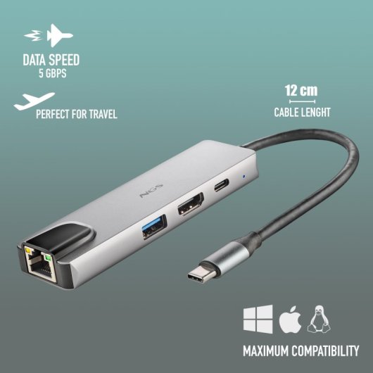NGS Wonderdock Supra USB-C Multiport Adapter auf 1x USB 3.0/1x USB-C PD 100W/1x HDMI 4K/1x RJ-45