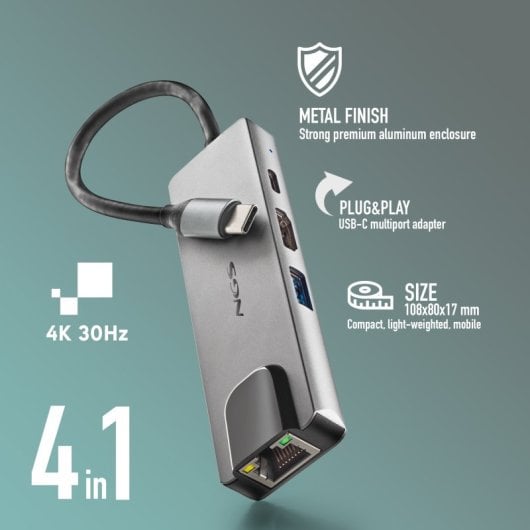 NGS Wonderdock Supra USB-C Multiport Adapter auf 1x USB 3.0/1x USB-C PD 100W/1x HDMI 4K/1x RJ-45