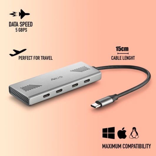 NGS Wonder4-C Hub Multipuerto USB-C 4 en 1 de Aluminio