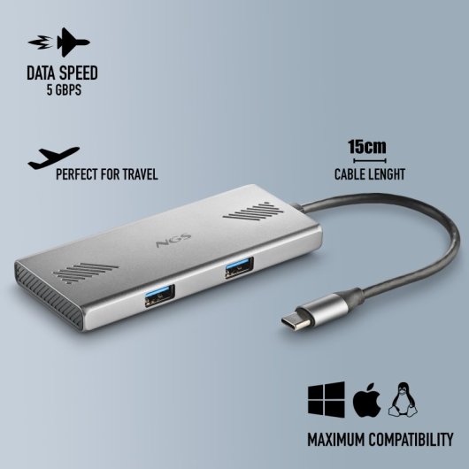 NGS WONDERDUO-C Adaptador Multipuerto USB-C 3.0 a 2x USB-C + 2x USB-A 5Gbps Aluminio