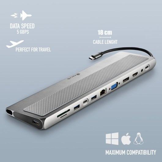 NGS Wonderdock 12 Pro Adaptador USB-C a 1xUSB 2.0/2xUSB 3.0/1xUSB-C 3.0/HDMI/DP 100W/VGA/Audio/RJ-45