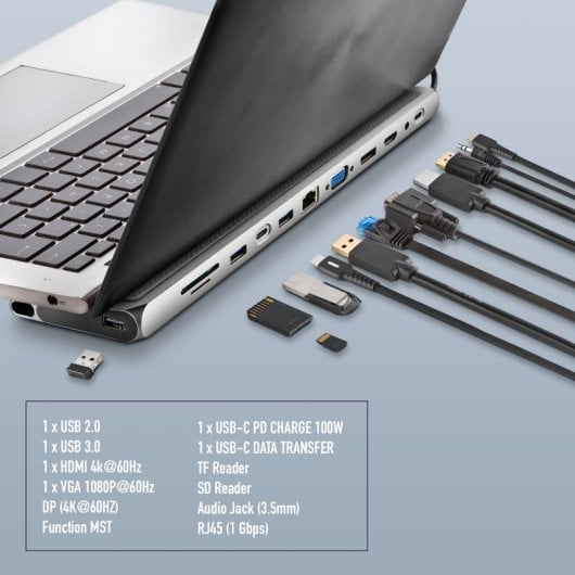 NGS Wonderdock 12 Pro Adaptador USB-C a 1xUSB 2.0/2xUSB 3.0/1xUSB-C 3.0/HDMI/DP 100W/VGA/Audio/RJ-45