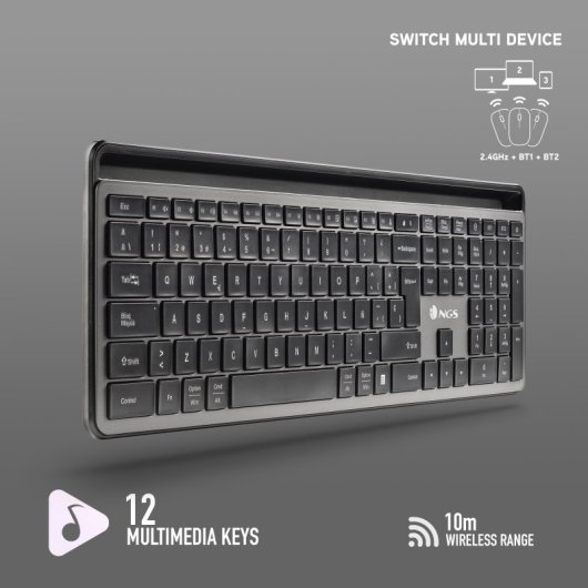 NGS Eclipse Kit Teclado + Ratón Multifunción Inalámbricos Recargables con 12 Teclas Multimedia