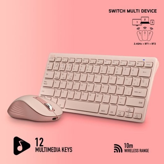 NGS Fantasy Kit Teclado + Ratón Multifunción Recargables y Silenciosos 12 Teclas Multimedia Rosa