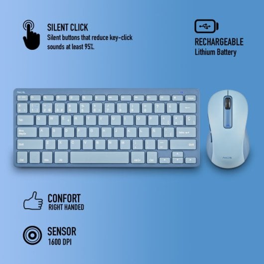 NGS Fantasy Kit Teclado + Ratón Multifunción Recargables y Silenciosos 12 Teclas Multimedia Azul