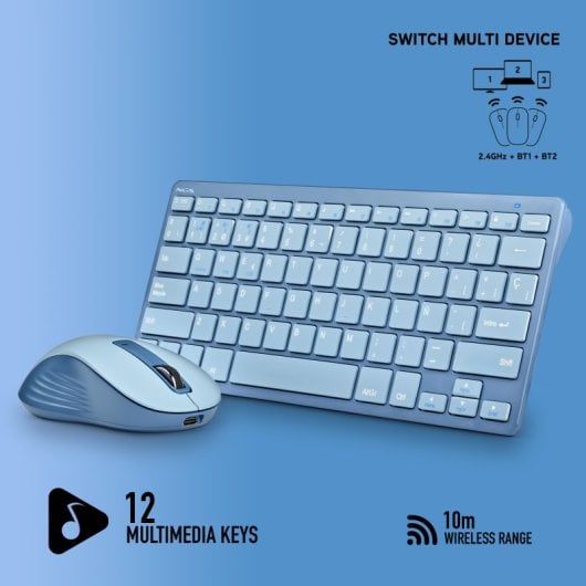 NGS Fantasy Kit Teclado + Ratón Multifunción Recargables y Silenciosos 12 Teclas Multimedia Azul