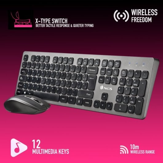 NGS Idol Kit Teclado + Ratón Inalámbricos 2.4GHz con 12 Teclas Multimedia Negro/Gris