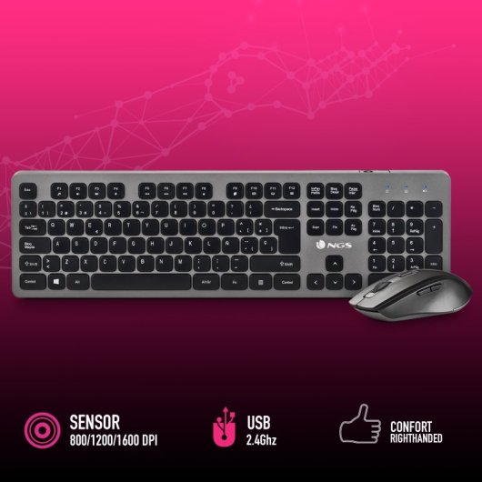NGS Idol Kit Teclado + Ratón Inalámbricos 2.4GHz con 12 Teclas Multimedia Negro/Gris
