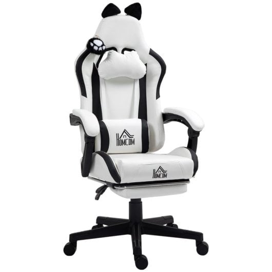 Homcom Silla Gaming Con Orejas Altura Ajustable Reposapiés Retráctil Blanco