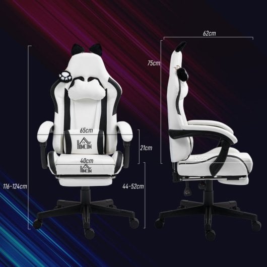 Homcom Silla Gaming Con Orejas Altura Ajustable Reposapiés Retráctil Blanco