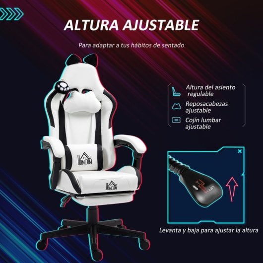 Homcom Silla Gaming Con Orejas Altura Ajustable Reposapiés Retráctil Blanco