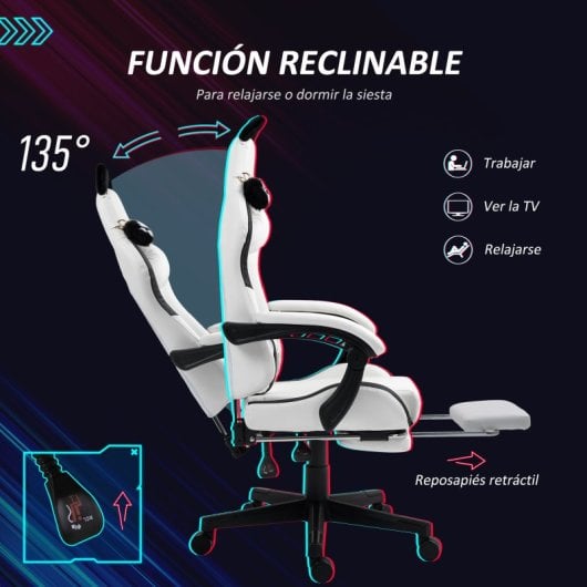 Homcom Silla Gaming Con Orejas Altura Ajustable Reposapiés Retráctil Blanco