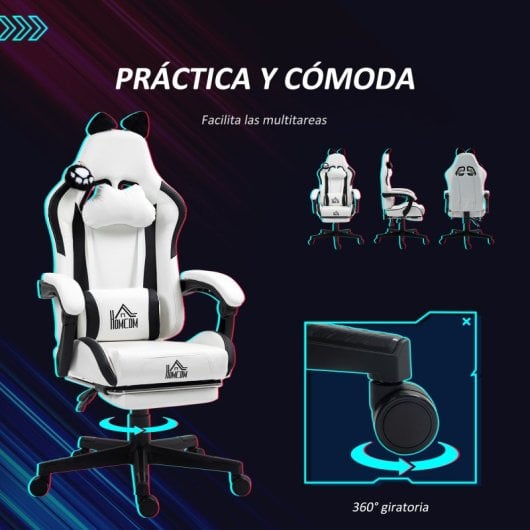 Homcom Silla Gaming Con Orejas Altura Ajustable Reposapiés Retráctil Blanco