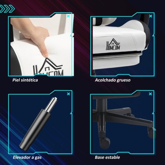 Homcom Silla Gaming Con Orejas Altura Ajustable Reposapiés Retráctil Blanco