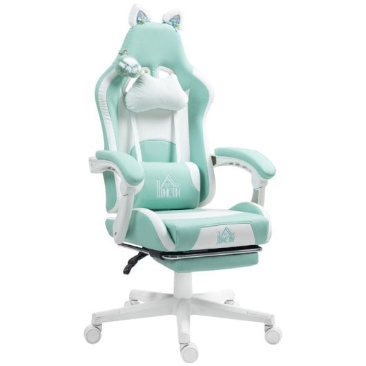 Homcom Silla Gaming Con Orejas Altura Ajustable Reposapiés Retráctil Azul Claro