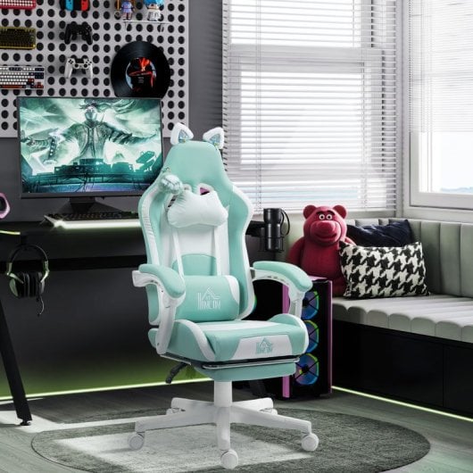 Homcom Silla Gaming Con Orejas Altura Ajustable Reposapiés Retráctil Azul Claro